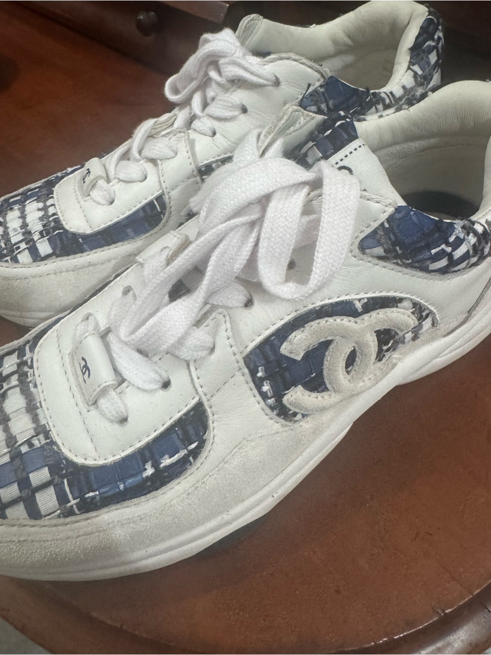 Chanel Women’s White Sneakers with Blue Patterned Accents tweed